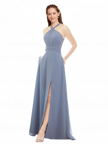 Soft Chiffon Halter Neck Sleeveless Long Evening Dress / Bridal Party Dress Kent