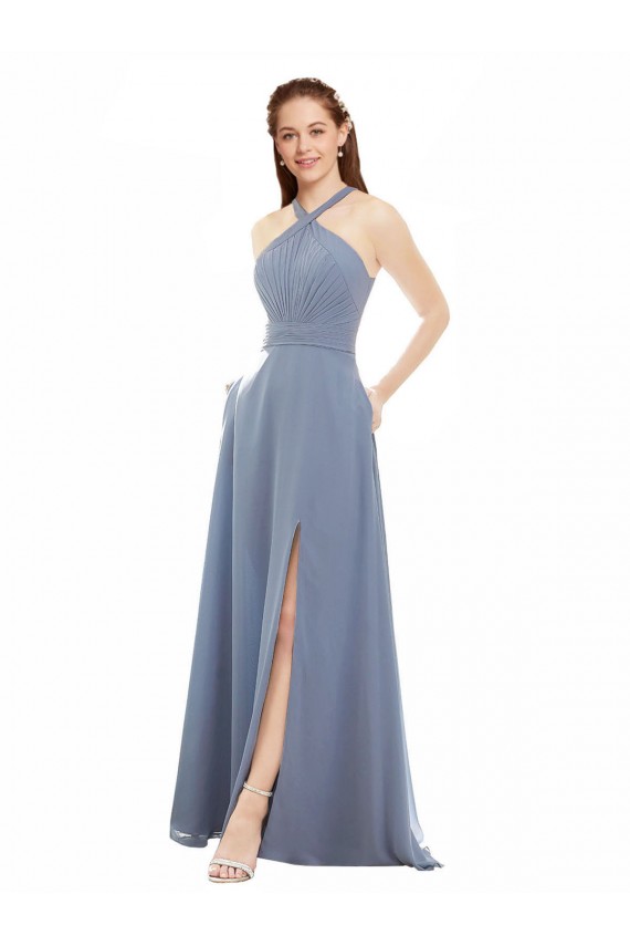 Soft Chiffon Halter Neck Sleeveless Long Evening Dress / Bridal Party Dress Kent