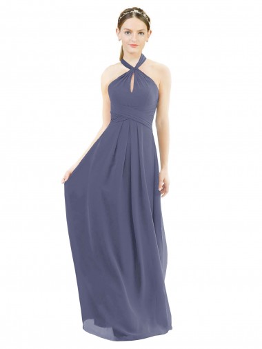 Soft Chiffon Halter Neck Sleeveless Low Back Silver Stone Long Bridesmaid Dress Kent