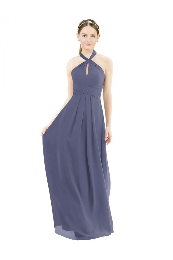 Soft Chiffon Halter Neck Sleeveless Low Back Silver Stone Long Bridesmaid Dress Kent