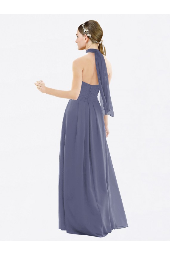 Soft Chiffon Halter Neck Sleeveless Low Back Silver Stone Long Bridesmaid Dress Kent