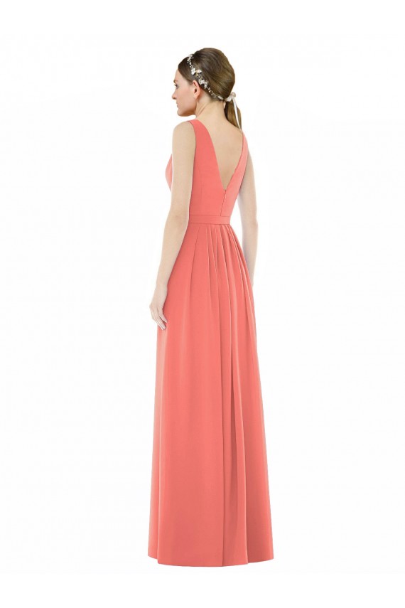 Soft Chiffon V-Neck Sleeveless V-Back Coral Long Bridesmaid Dress Kent