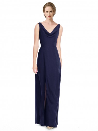 Soft Chiffon Cowl Neck Sleeveless V-Back Dark Navy Long Bridesmaid Dress Kent