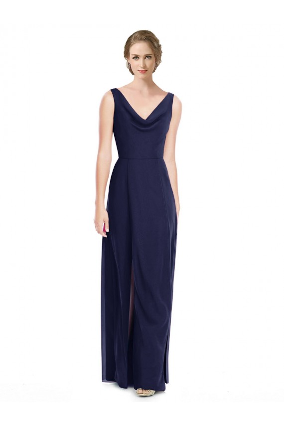 Soft Chiffon Cowl Neck Sleeveless V-Back Dark Navy Long Bridesmaid Dress Kent