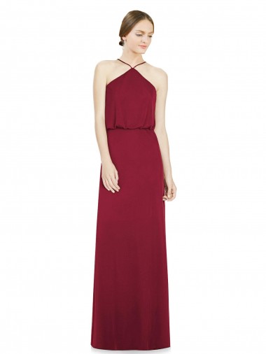 Soft Chiffon Halter Neck Sleeveless Open Back Burgundy Long Bridesmaid Dress Kent