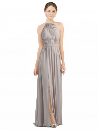 Soft Chiffon Halter Neck Sleeveless Low Back Oyster Silver Long Bridesmaid Dress Kent