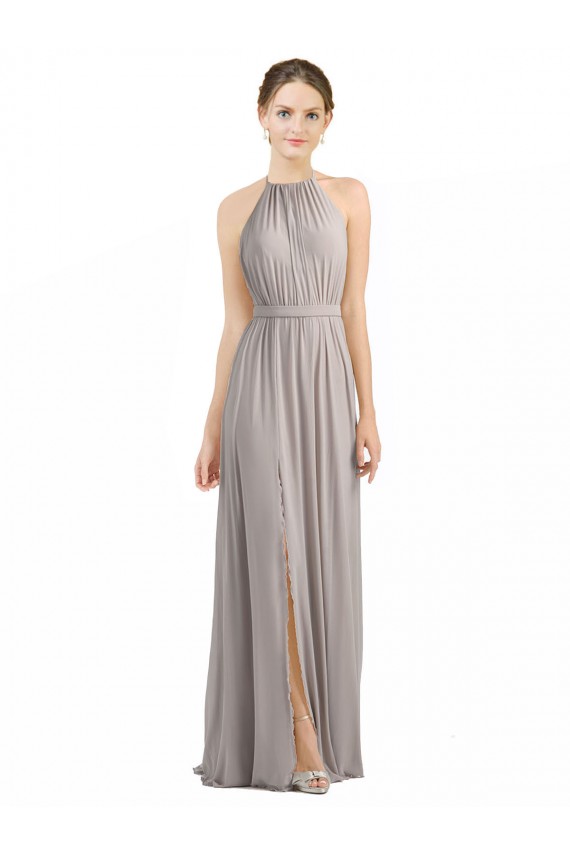 Soft Chiffon Halter Neck Sleeveless Low Back Oyster Silver Long Bridesmaid Dress Kent