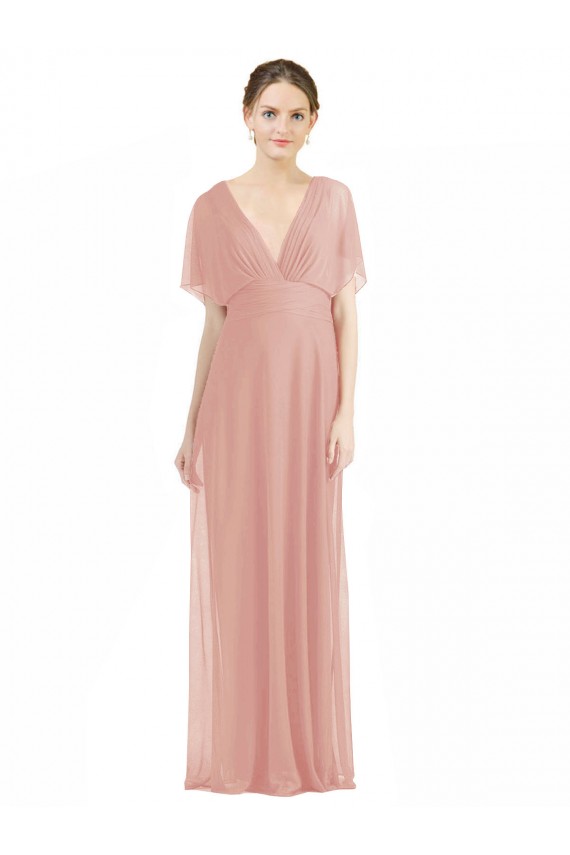 Soft Chiffon V-Neck Short Sleeves V-Back Long Bridesmaid Dress / Formal Dress Kent