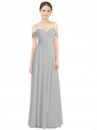 Lxue Chiffon Off the Shoulder Sleeveless Low Back Silver Long Bridesmaid Dress Kent