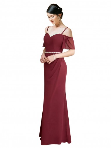 Soft Chiffon Spaghetti Straps Cold Shoulder Low Back Burgundy Long Bridesmaid Dress Kent