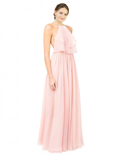 Soft Chiffon Halter Neck Sleeveless Open Back Pink Long Formal Dress / Bridesmaid Dress Kent