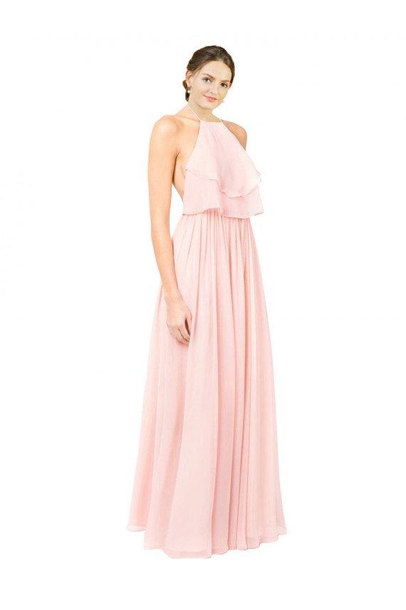 Soft Chiffon Halter Neck Sleeveless Open Back Pink Long Formal Dress / Bridesmaid Dress Kent