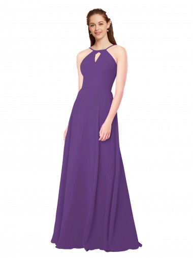 Soft Chiffon High Neck Sleeveless Plum Purple Long Bridesmaid Dress Kent