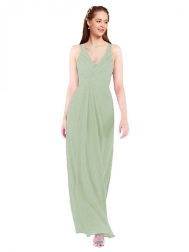 Soft Chiffon V-Neck Sleeveless Keyhole Back Smoke Green Long Bridesmaid Dress Kent