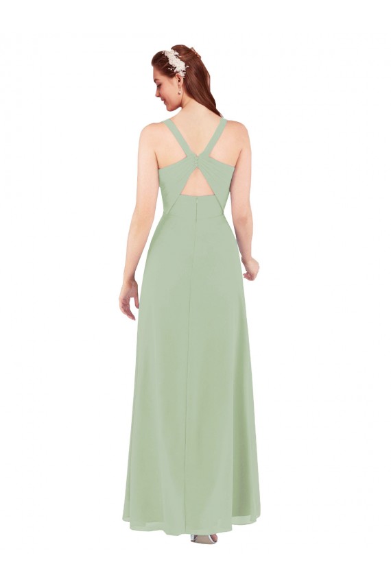 Soft Chiffon V-Neck Sleeveless Keyhole Back Smoke Green Long Bridesmaid Dress Kent