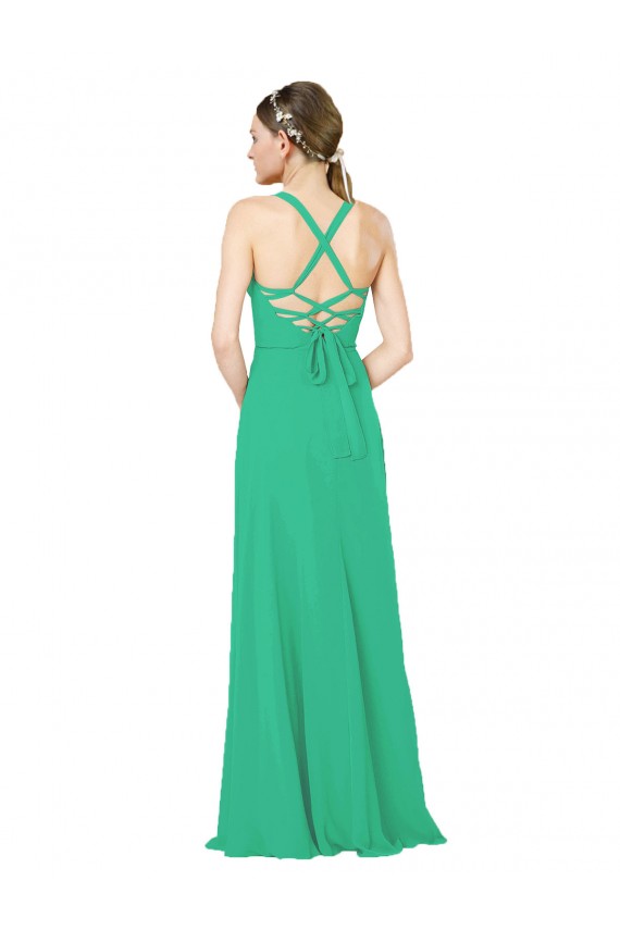Soft Chiffon V-Neck Sleeveless Open Back Emerald Green Long Bridesmaid Dress Kent