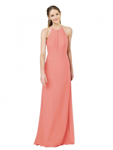 Soft Chiffon Halter Neck Sleeveless Keyhole Back Desert Rose Long Bridesmaid Dress Kent