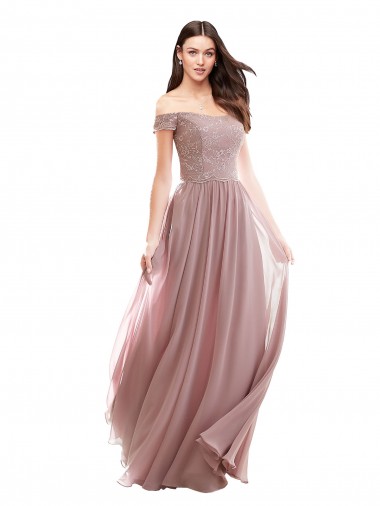 Soft Chiffon & Lace Off the Shoulder Cap Sleeves Pink Long Bridesmaid Dress Kent