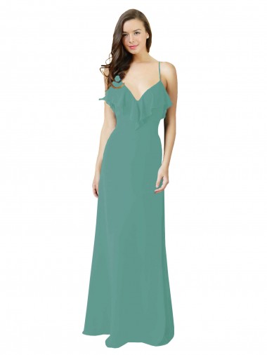 Soft Chiffon Spaghetti Straps Sleeveless Icelandic Silver Long Bridesmaid Gown Kent