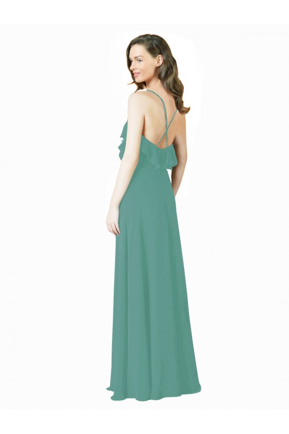 Soft Chiffon Spaghetti Straps Sleeveless Icelandic Silver Long Bridesmaid Gown Kent
