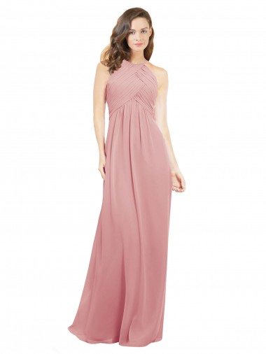 Soft Chiffon Halter Neck Sleeveless Keyhole Back Bliss Pink Long Bridesmaid Dress Kent