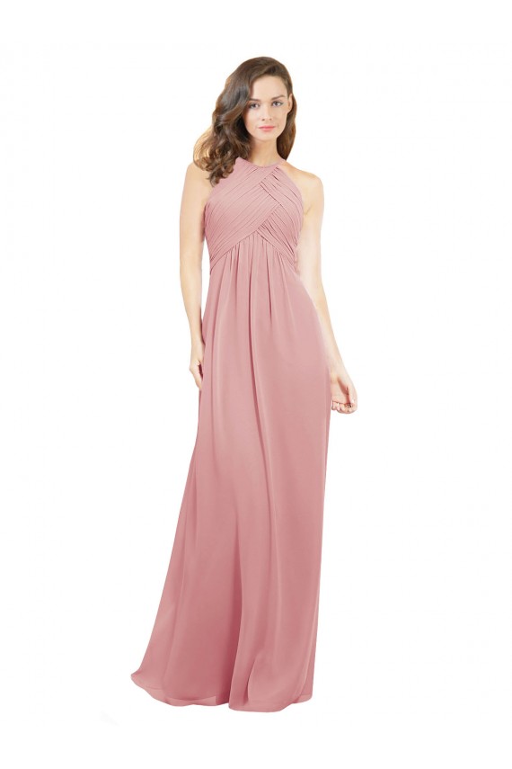 Soft Chiffon Halter Neck Sleeveless Keyhole Back Bliss Pink Long Bridesmaid Dress Kent
