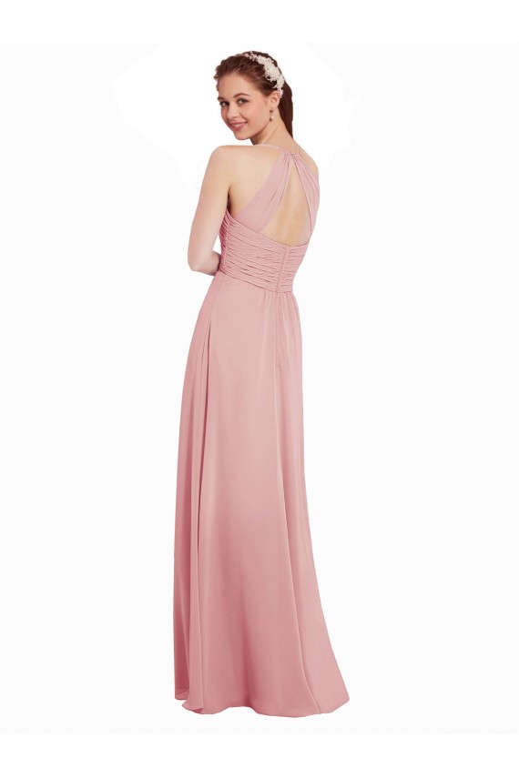 Soft Chiffon Halter Neck Sleeveless Keyhole Back Bliss Pink Long Bridesmaid Dress Kent
