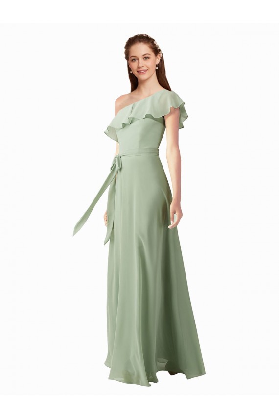 Soft Chiffon One Shoulder Flutter Sleeves Long Bridesmaid Dress Kent