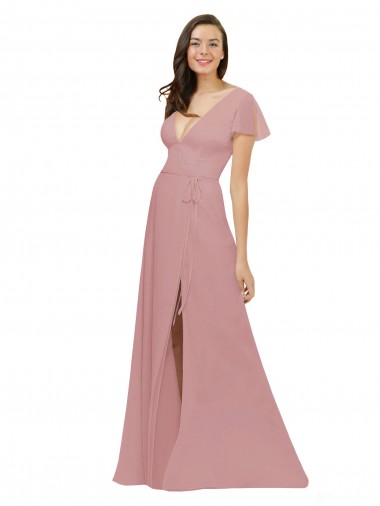 Chiffon V-Neck Flutter Sleeves V-Back Long Bridesmaid Dress / Evening Dress Kent