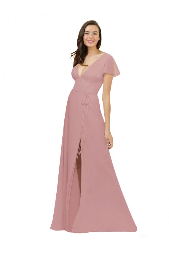 Chiffon V-Neck Flutter Sleeves V-Back Long Bridesmaid Dress / Evening Dress Kent