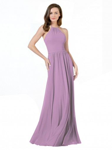 Soft Chiffon Halter Neck Sleeveless Dark Lavender Long Bridesmaid Dress Kent