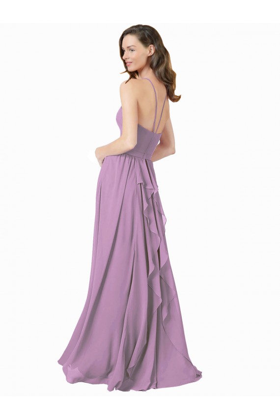 Soft Chiffon Halter Neck Sleeveless Dark Lavender Long Bridesmaid Dress Kent