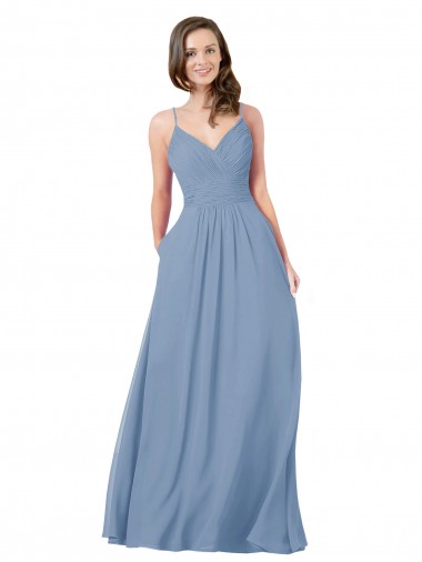 Chiffon V-Neck Sleeveless Open Back Dusty Blue Long Bridesmaid Dress / Evening Dress Kent