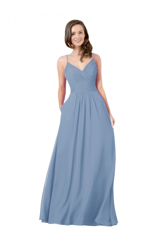 Chiffon V-Neck Sleeveless Open Back Dusty Blue Long Bridesmaid Dress / Evening Dress Kent