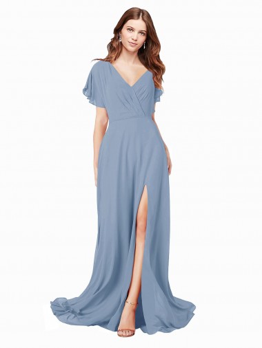 Soft Chiffon V-Neck Cap Sleeves Long Black Tie Prom Dress / Bridesmaid Dress Kent