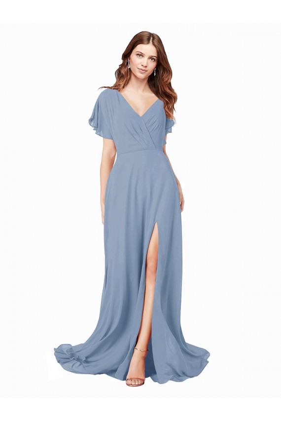 Soft Chiffon V-Neck Cap Sleeves Long Black Tie Prom Dress / Bridesmaid Dress Kent
