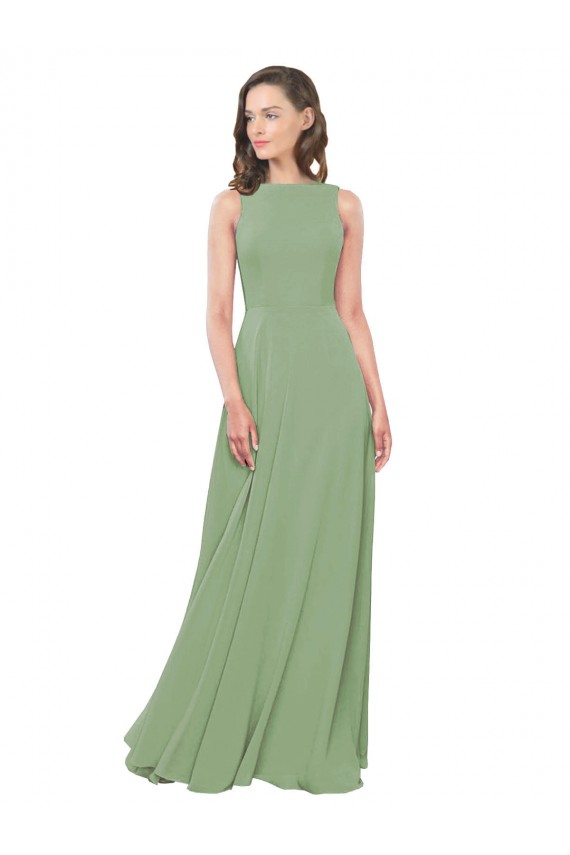 Soft Chiffon Square Neck Sleeveless Seagrass Long Bridesmaid Dress Kent