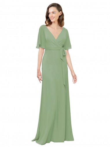 Soft Chiffon V-Neck Short Flutter Sleeves Long Bridesmaid Dress Kent