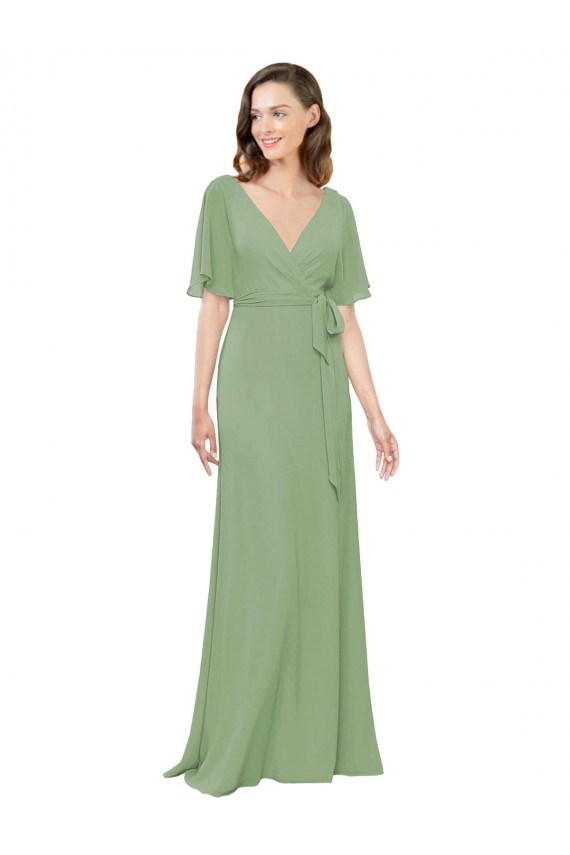 Soft Chiffon V-Neck Short Flutter Sleeves Long Bridesmaid Dress Kent