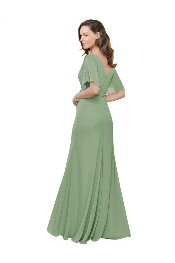 Soft Chiffon V-Neck Short Flutter Sleeves Long Bridesmaid Dress Kent