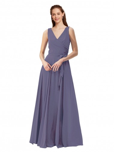 Soft Chiffon V-Neck Sleeveless Silver Stone Long Bridesmaid Dress Kent
