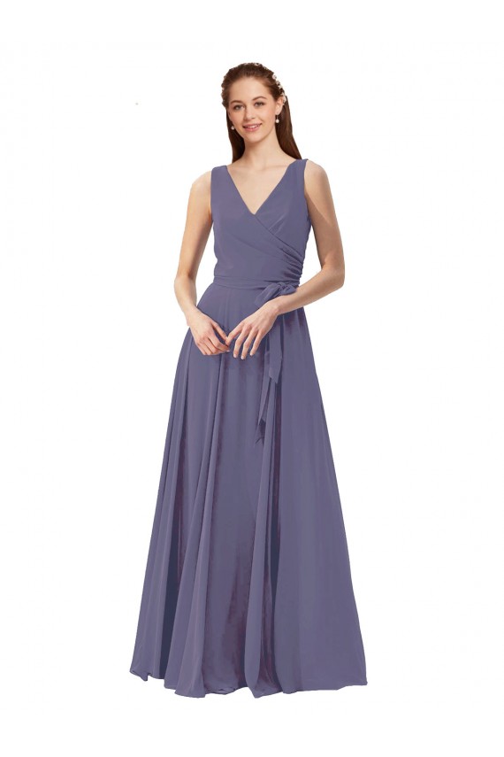 Soft Chiffon V-Neck Sleeveless Silver Stone Long Bridesmaid Dress Kent