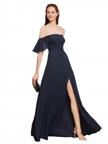 Soft Chiffon Off the Shoulder Sleeveless Dark Navy Long Prom Dress / Bridesmaid Dress Kent