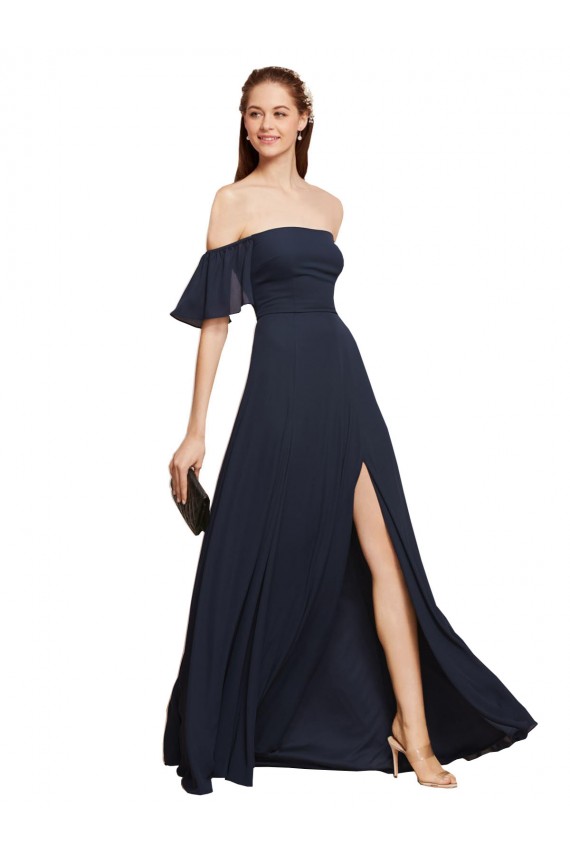 Soft Chiffon Off the Shoulder Sleeveless Dark Navy Long Prom Dress / Bridesmaid Dress Kent