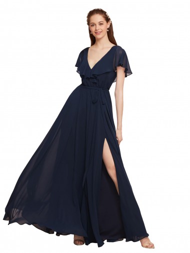 Chiffon V-Neck Cap Sleeves V-Back Dark Navy Long Evening Gowns / Bridesmaid Dresses Kent