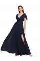Chiffon V-Neck Cap Sleeves V-Back Dark Navy Long Evening Gowns / Bridesmaid Dresses Kent
