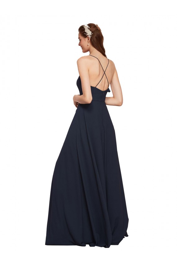 Soft Chiffon Spaghetti Straps Sleeveless Open Back Dark Navy Long Bridesmaid Dresses Kent
