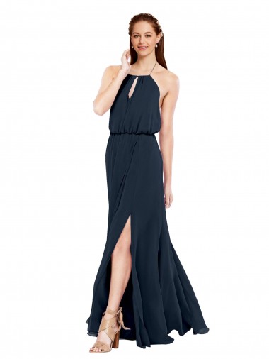 Chiffon Halter Neck Sleeveless Open Back Dark Navy Long Bridesmaid Dress / Evening Dress Kent