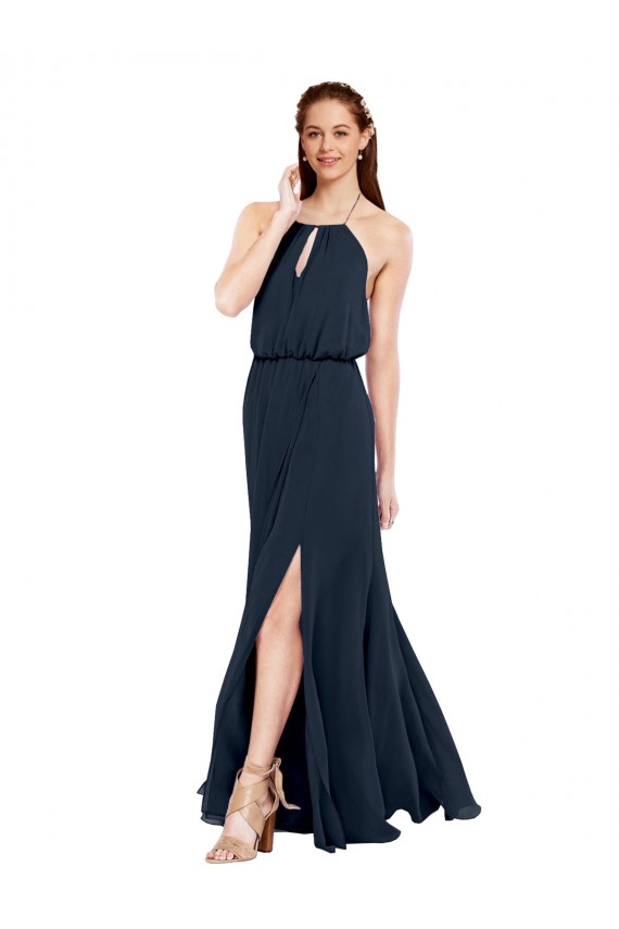 Chiffon Halter Neck Sleeveless Open Back Dark Navy Long Bridesmaid Dress / Evening Dress Kent
