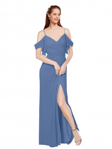 Soft Chiffon Off the Shoulder Sleeveless Windsor Blue Long Bridesmaid Dress Kent